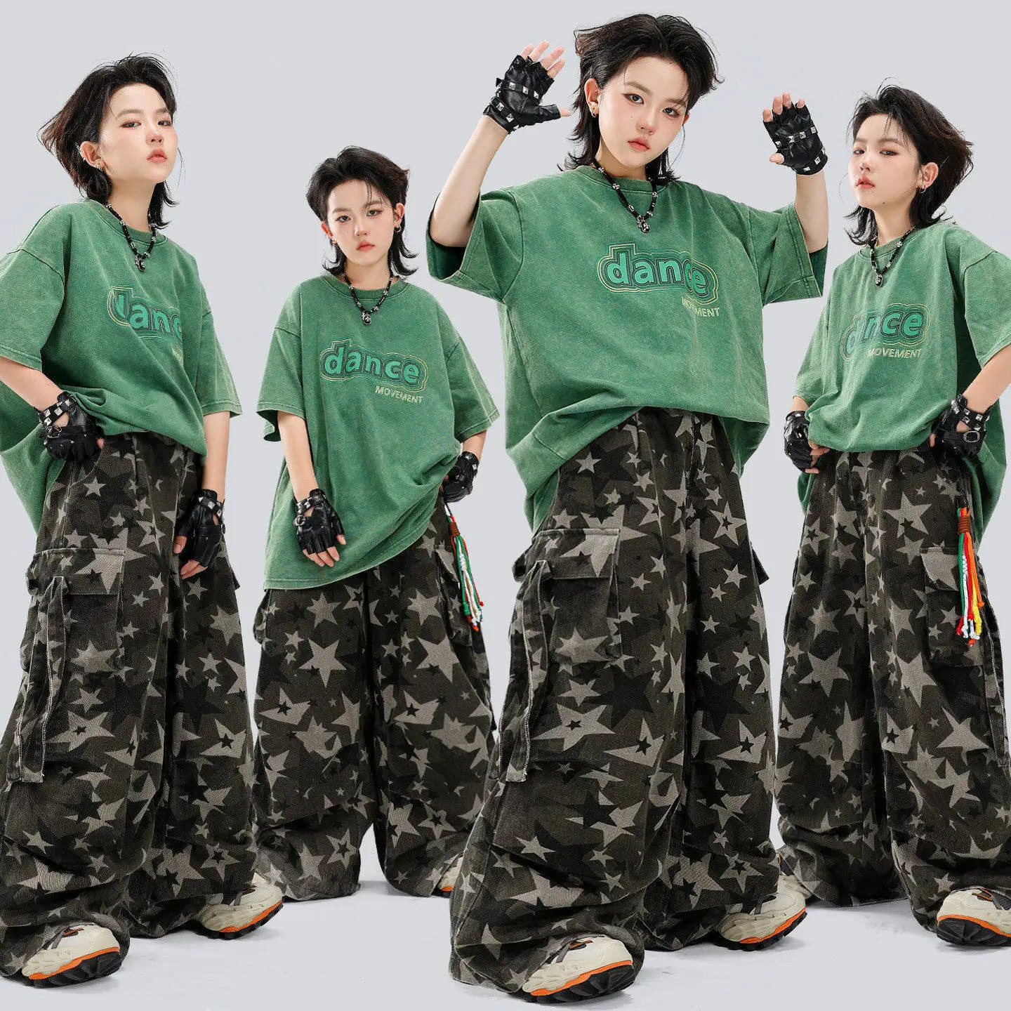 Children Boys Gilrs Streetwear Hip Hop Washed Short Sleeve T-shirt Cargo Pants Sets Kids T Shirt Trousers Stage Team Clothes