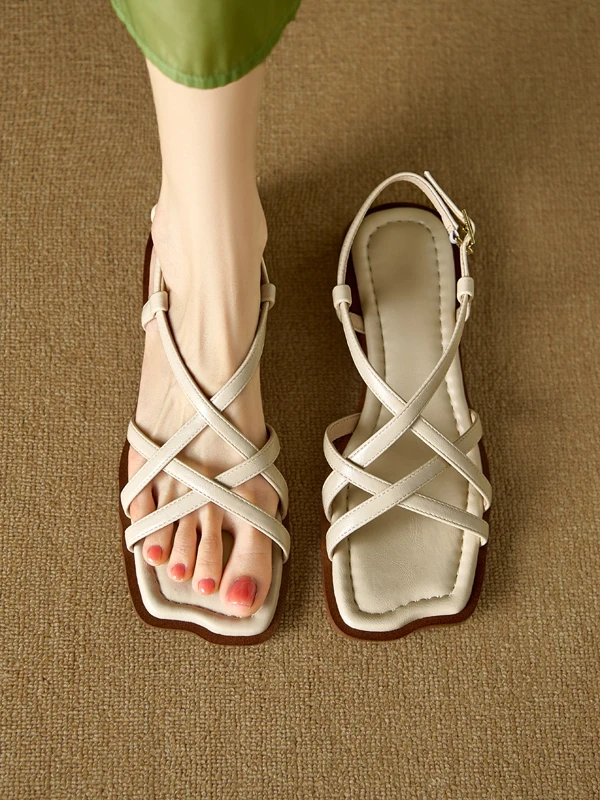 

Comfortable Flat Roman Sandals Women's Summer Outdoor Wear Soft Bottom Slip-On Low Heel Breathable Toe Strap Rubber Outsole