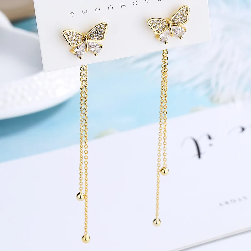 925 Sterling Silver Butterfly Sparkling Earrings AA Zircon Long Tassel Fashionable Earrings Multifunctional Jewelry Free Deliver