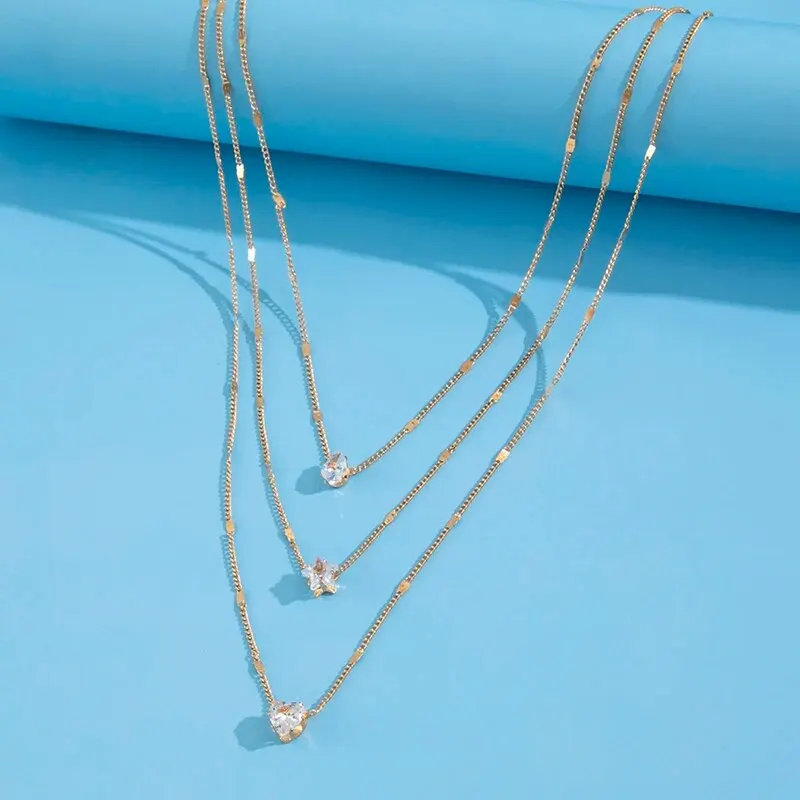 1Pc Multi-layered Dainty Light Luxury Water Drop Love Heart Star Set Chain Pendant Metal Collarbone Necklace Gift For Girl Women image 2