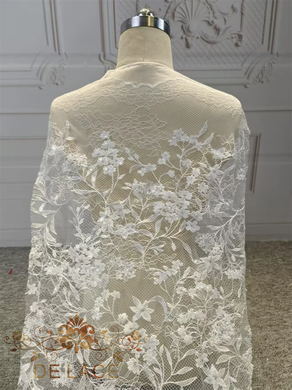 

Delicate Soft Chantilly Lace With Sequins Vintage French Floral Embroidered Chantilly Lace Fabric for Wedding Dress