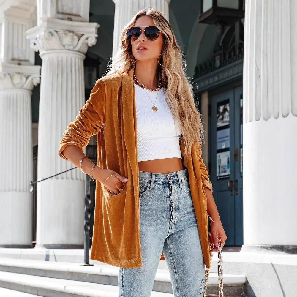 

Осенний золотистый бархатный эластичный удлиненный свитер-жакет для женщин, городской стиль, из полиэфирного волокна, средней толщины, с длинными рукавами