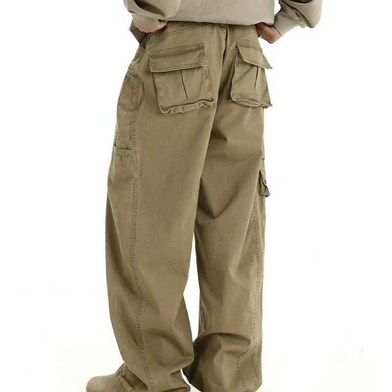 Preppy Style Men's Solid Color Loose Sashes High Waisted Pockets Casual Retro Spring Autumn Trousers Wide Leg Cargo Pants