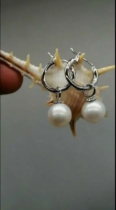 HUGE AAA10-11MM NATURAL ROUND WHITE SOUTH SEA PEARL EARRING 14K WHITE GOLD CLASP