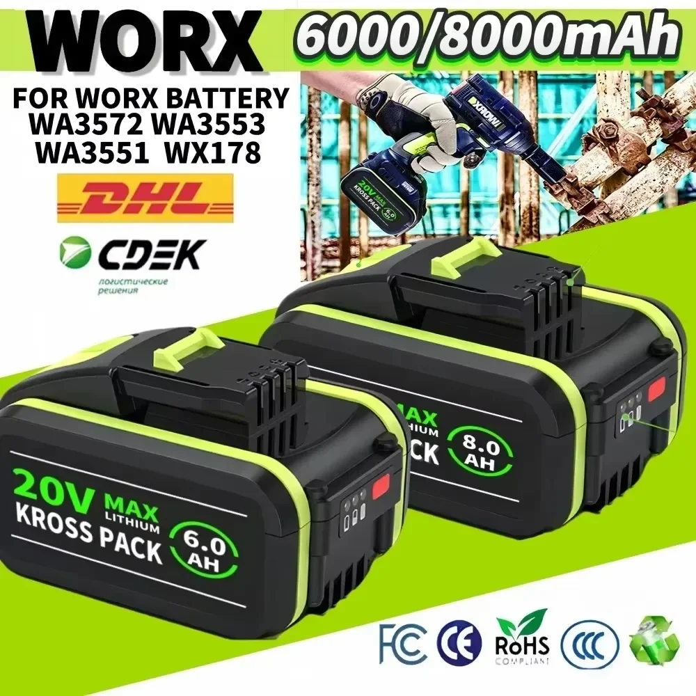 6.0/8.0Ah Battery For WORX WA3553/WA3551 20V Cordless Power Tool Battery WA3572 WA3553 WX390 WX176 WX178 WU268 Spare Batteriies