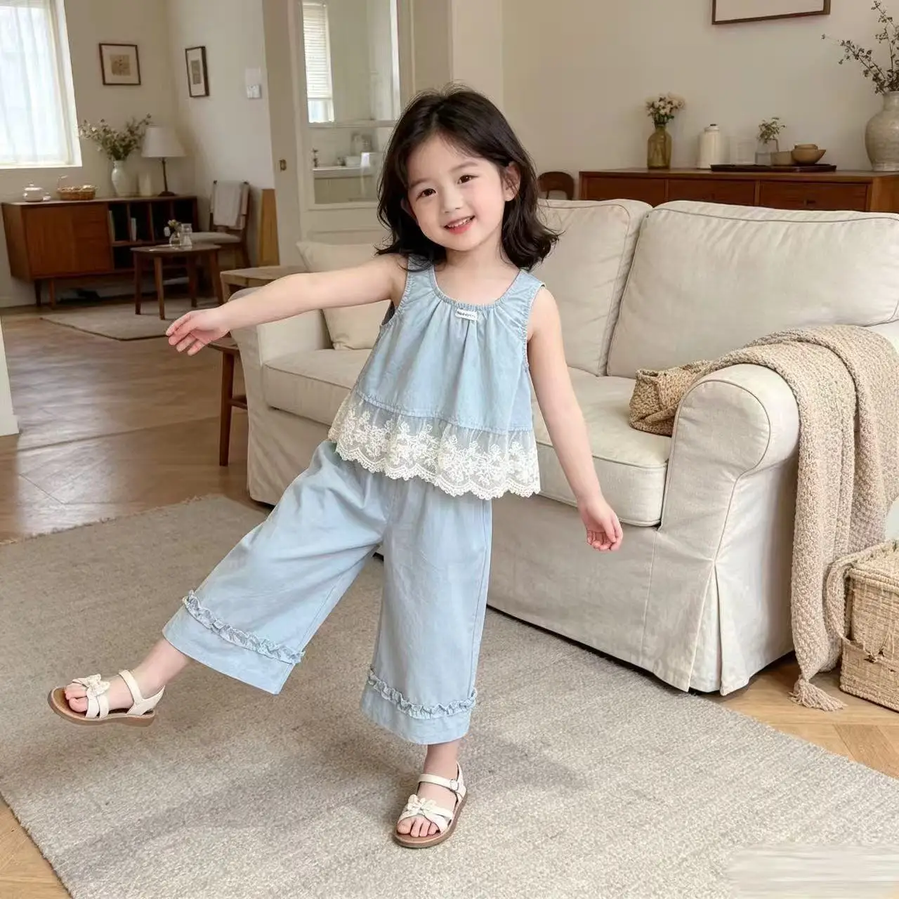 

Girls' Summer Set Children's New Lace Patchwork Sleeveless Top Wide Leg Pants Two-piece Set
