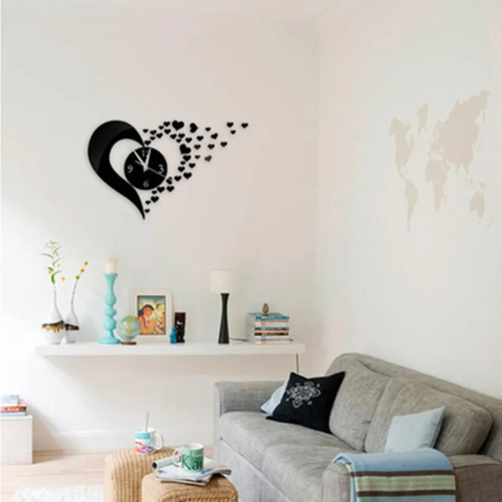 Half moon curved heart wall clock mirror wall clock DIY mirror decoration creative art clock living room bedroom decoration