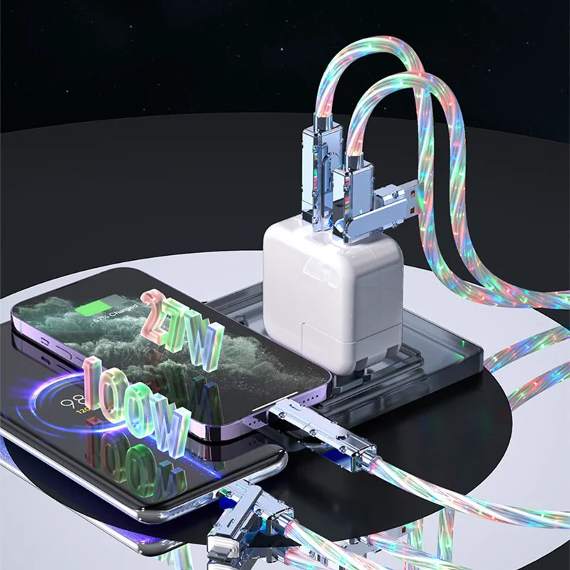 4-in-1 كابل بيانات Rgb ضوء ملون شحن سريع نقل البيانات مفتاح مجاني 4 واجهات كابل شحن متين مضيء