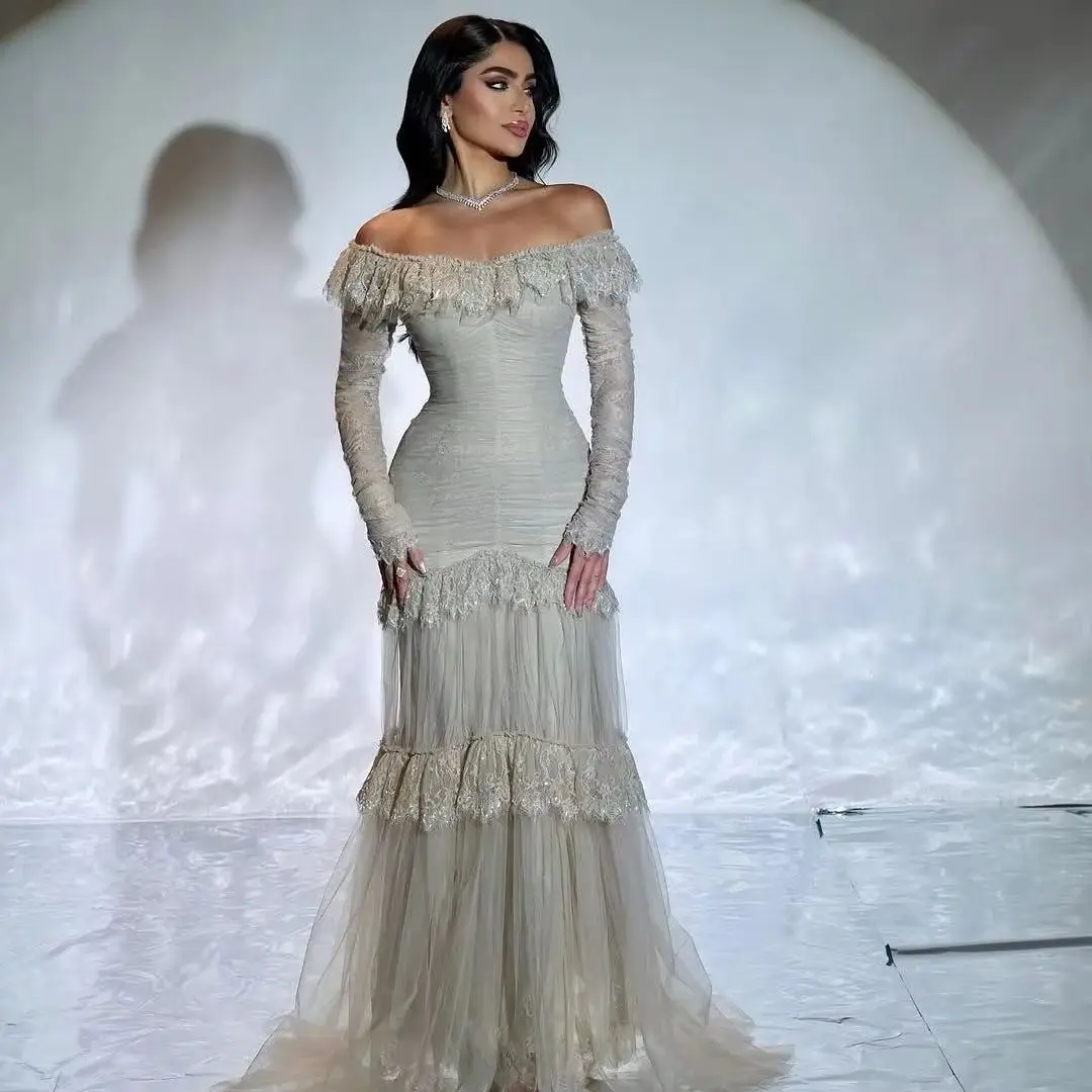 

Серое Дубайское кружевное вечернее платье Русалка с длинными рукавами Платье для выпускного вечера с открытыми плечами и оборками Свадебные платья Вечернее платье по индивидуальному заказу