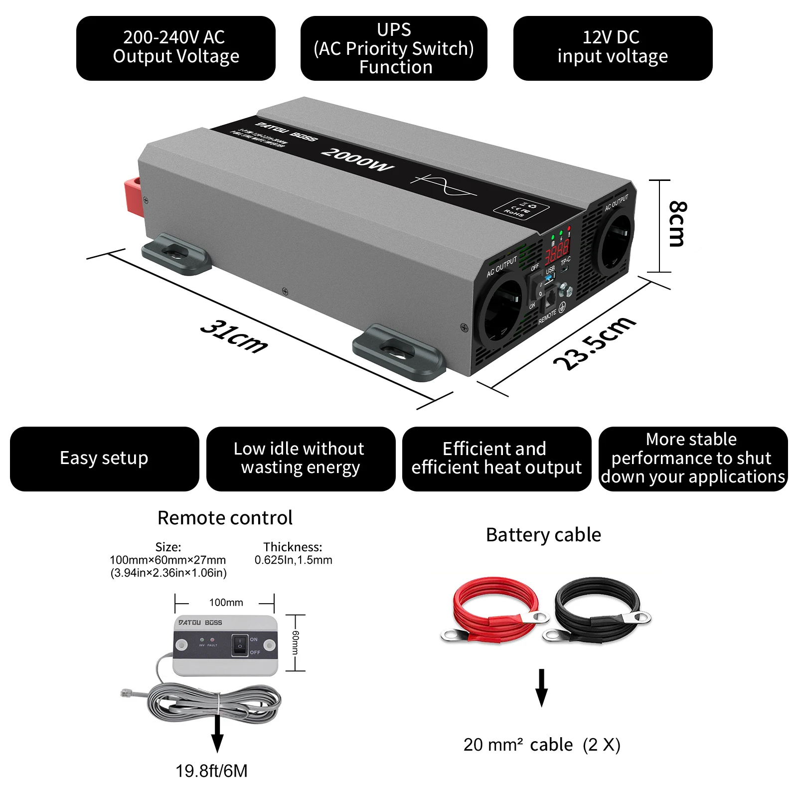 DATOUBOSS SAK Pure Sine Wave Inverter DC12V-24V to AC220V Portable Car Inverter Peak Power 4000W Continuous Power 2000W