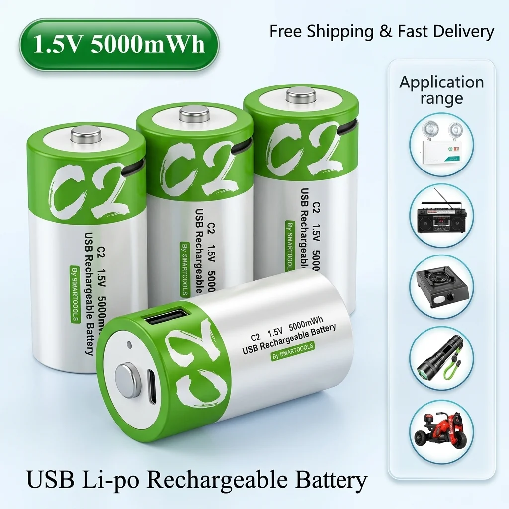

C Size LR14 1.5V 5000mWh Lithium Polymer Rechargeable Battery Type-C Ultra Fast Charging for Gas Cooker Flashlight Piano Radio