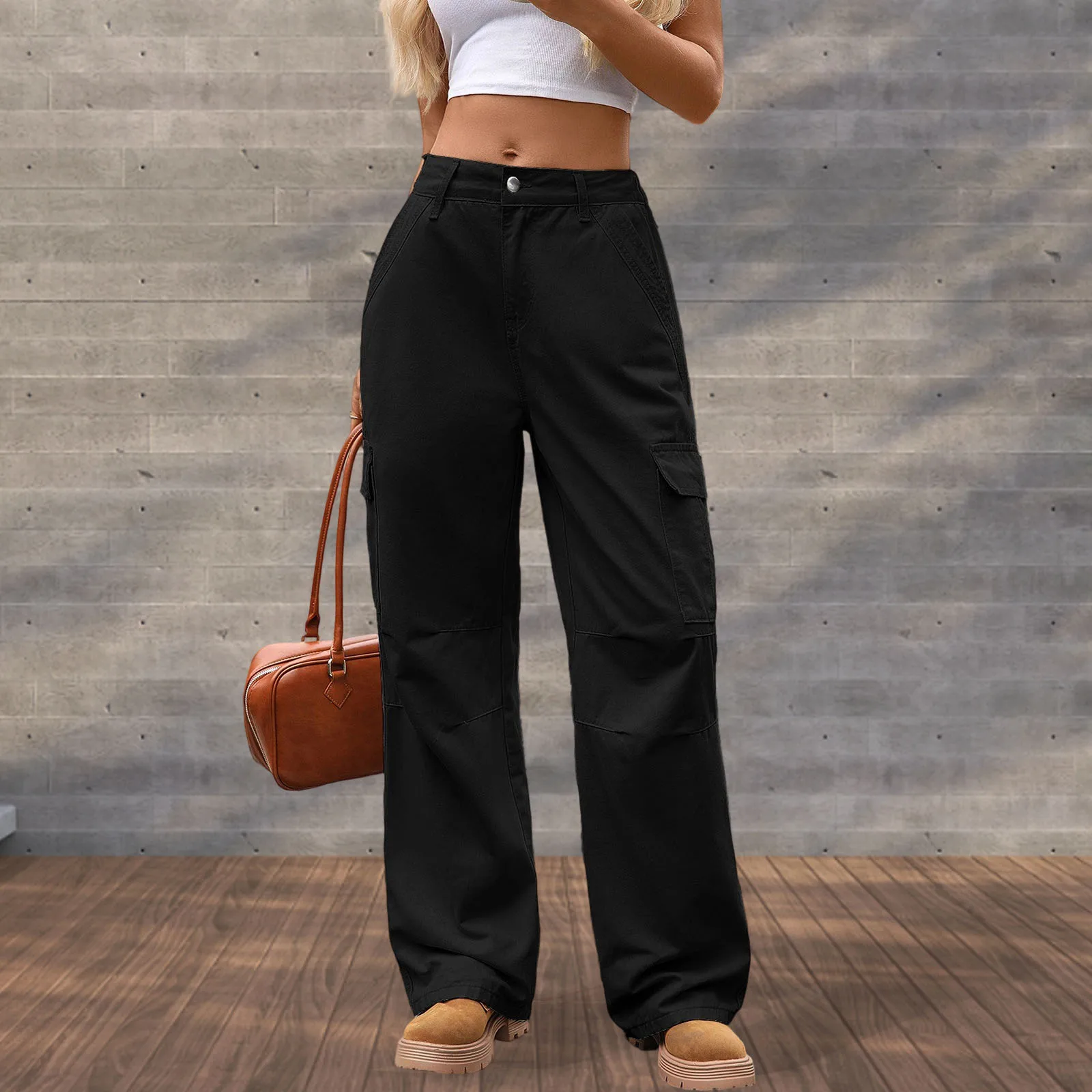 

2026 New Women's Fashion Solid Cargo Denim Pants Jeans Lightweight Mid Waist Loose Wide Leg Jeans Trousers