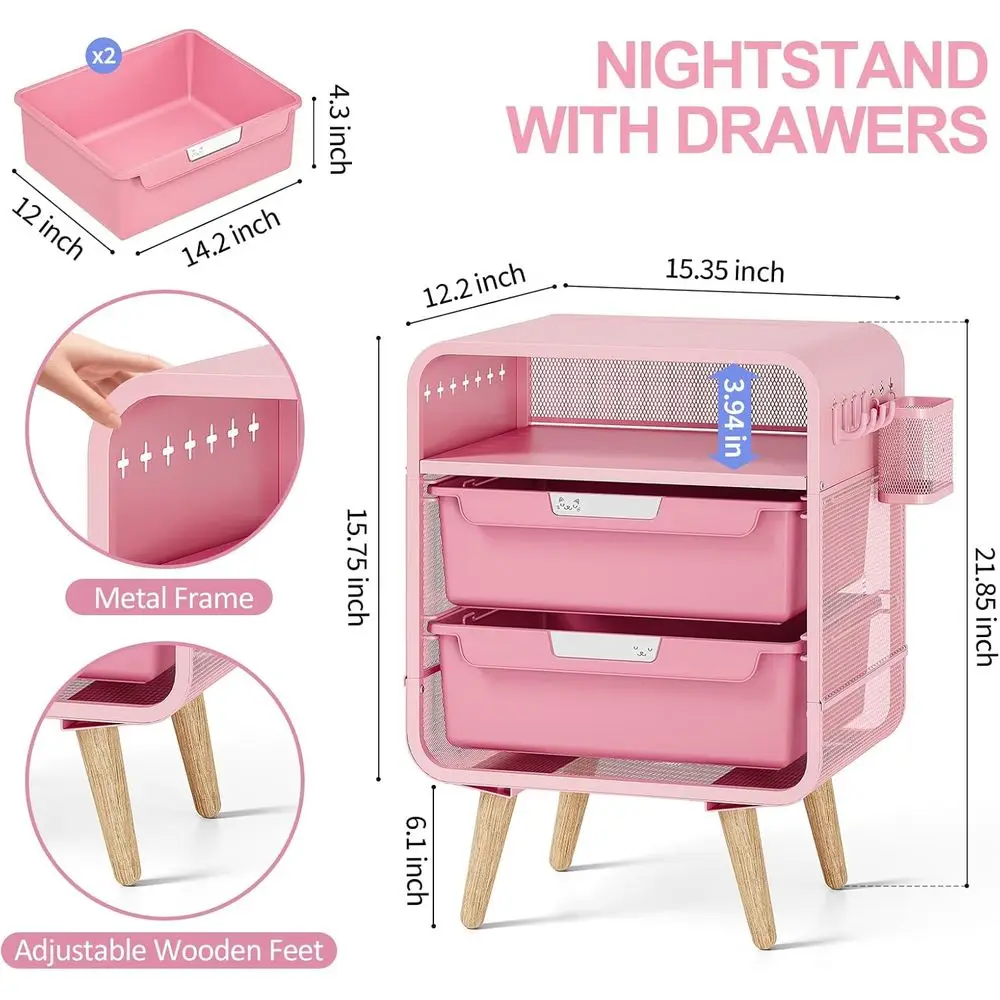 Compact Pink Storage Nightstand for Kids, Bedroom, Dorm, and Office Use