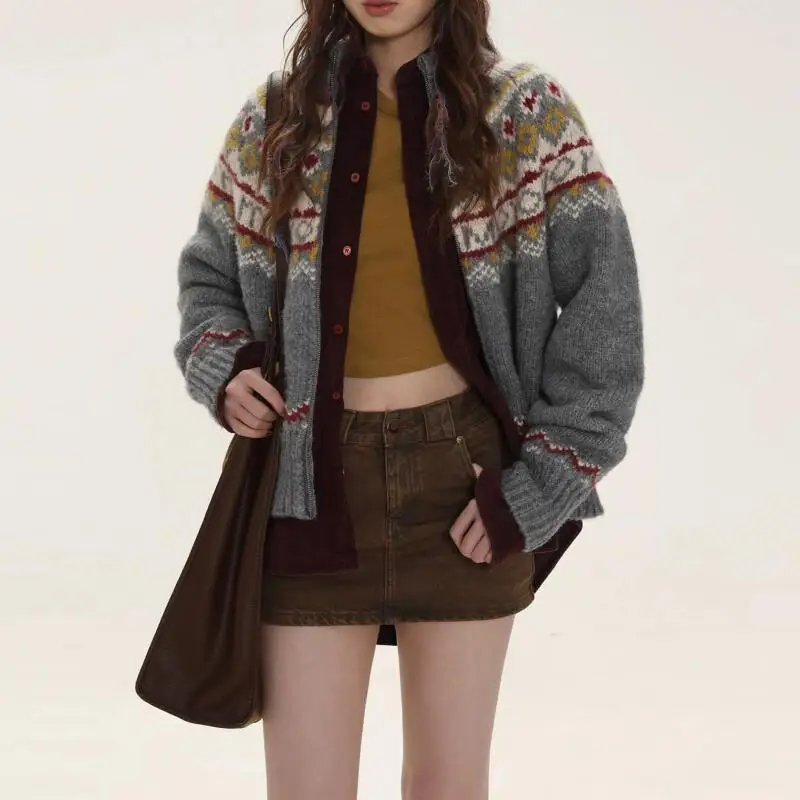 

sweater Women's high neck winter autumn thicken retro preppy style lazy soft and sticky knit cardigan coat fashionable keep warm