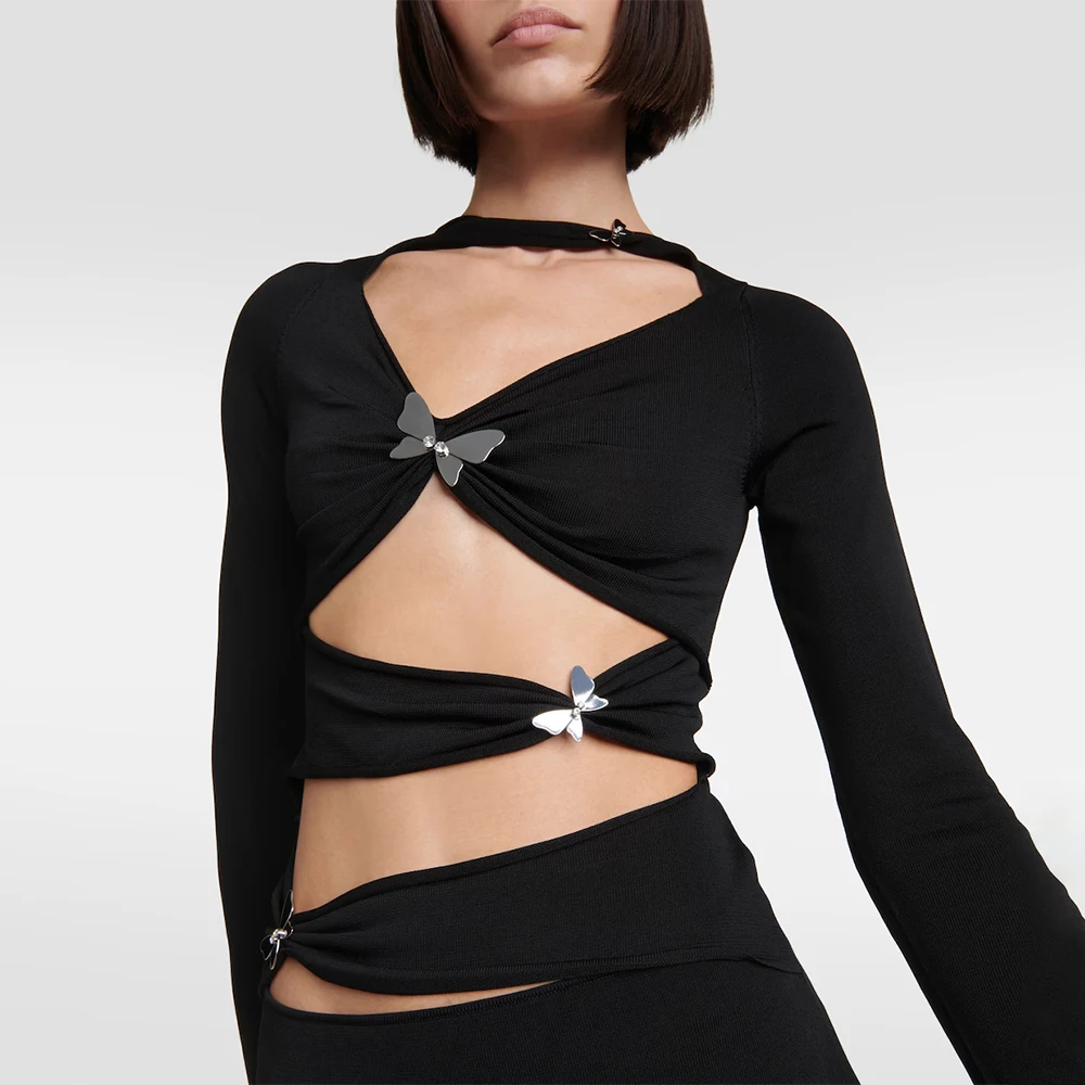 Sexy Long Sleeve Cut Out Split Butterfly Bodycon Maxi Dresses Formal Cocktail Evening Party Dress Black Prom Gown Woman Clothing