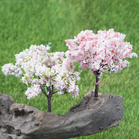 2PC 플라스틱 미니 시뮬레이션 나무 사쿠라 미니어처 정원 책상에 대한 마이크로 풍경 설정 고기 액세서리 홈 인테리어