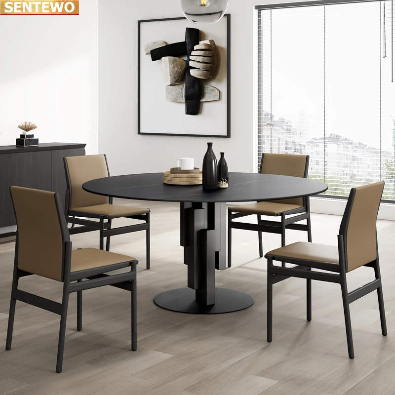 Designer Luxury round Marble Rock Slab dining table set 8 chairs mesa de jantar tablo furniture marbre Stainless steel gold base