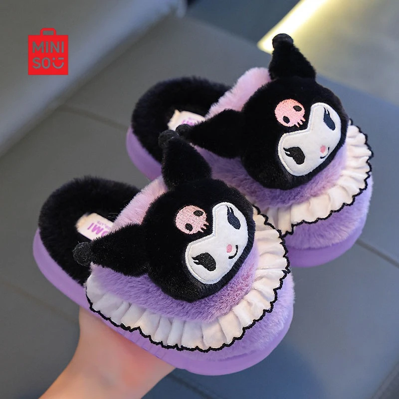 

Miniso 2025 Sanrio Kids Slippers, Kuromi Plush Booties for Family Matching Non-Slip Winter Wear