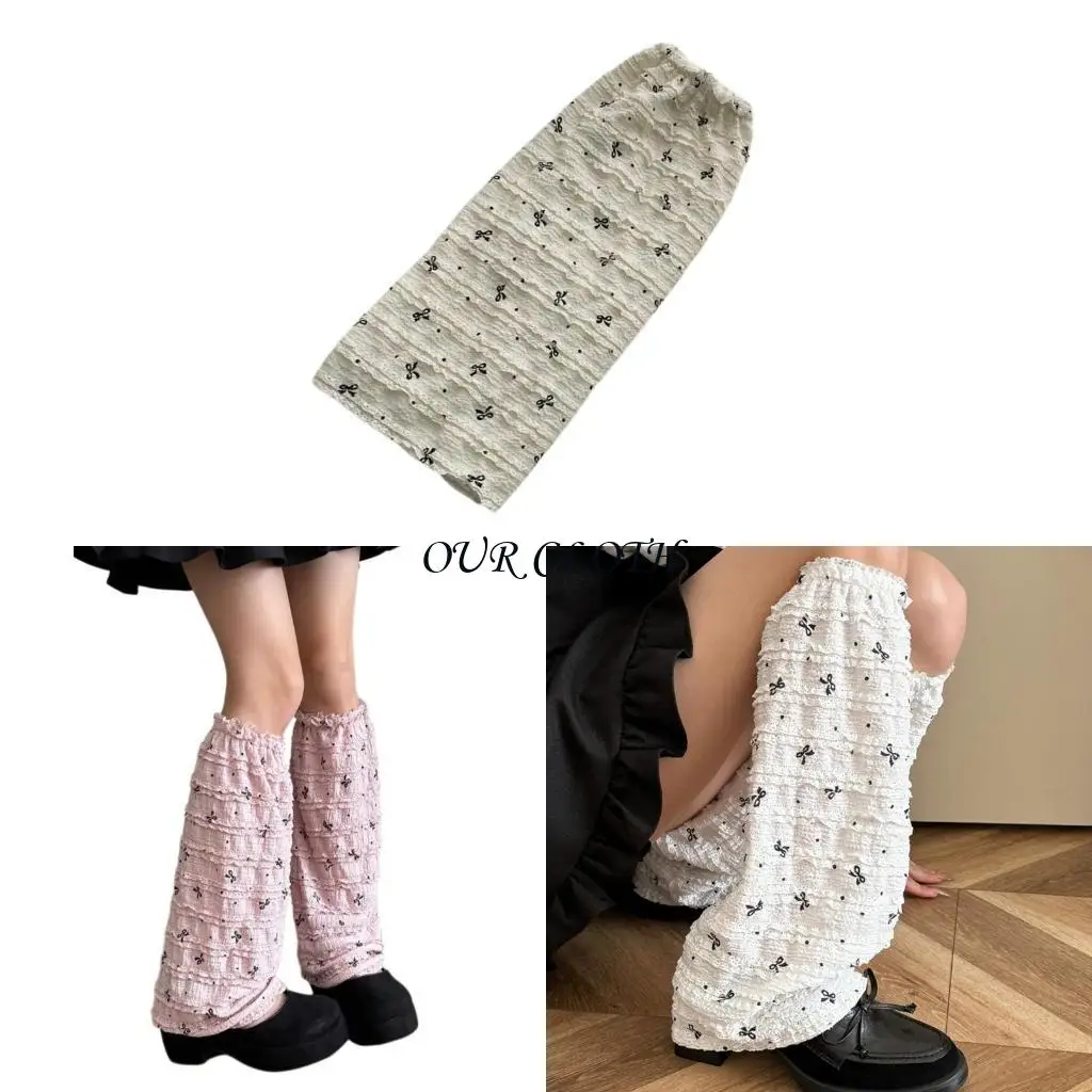 Women Girls JK Flared Leg Sleeves Japanese Sweet Bowknot Print Leg Warmer Ruffle Lace Trim Long Socks Wide Leg Cuffs Y1AC