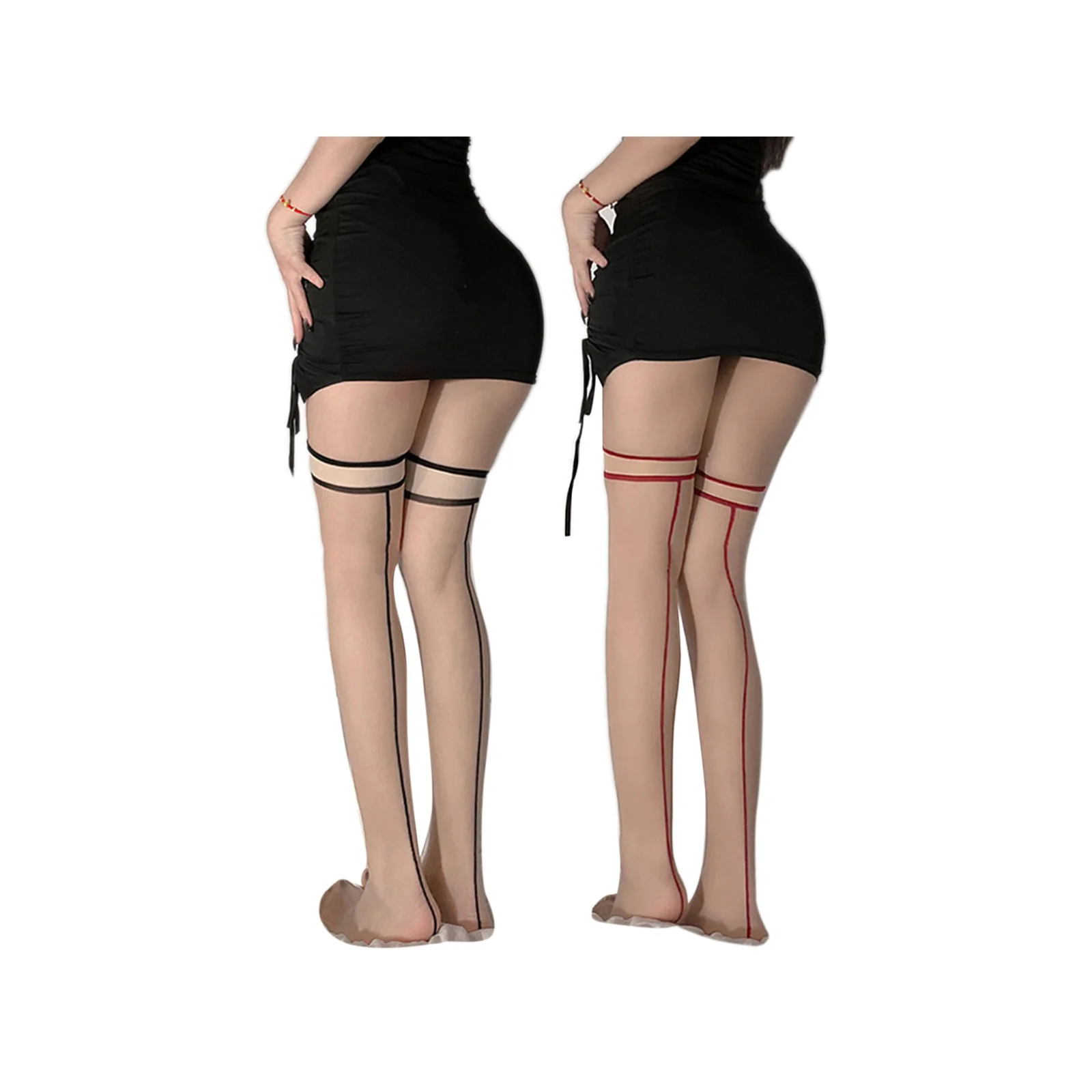 

Shrimp thread stitching striped knee-high stockings black + red combination