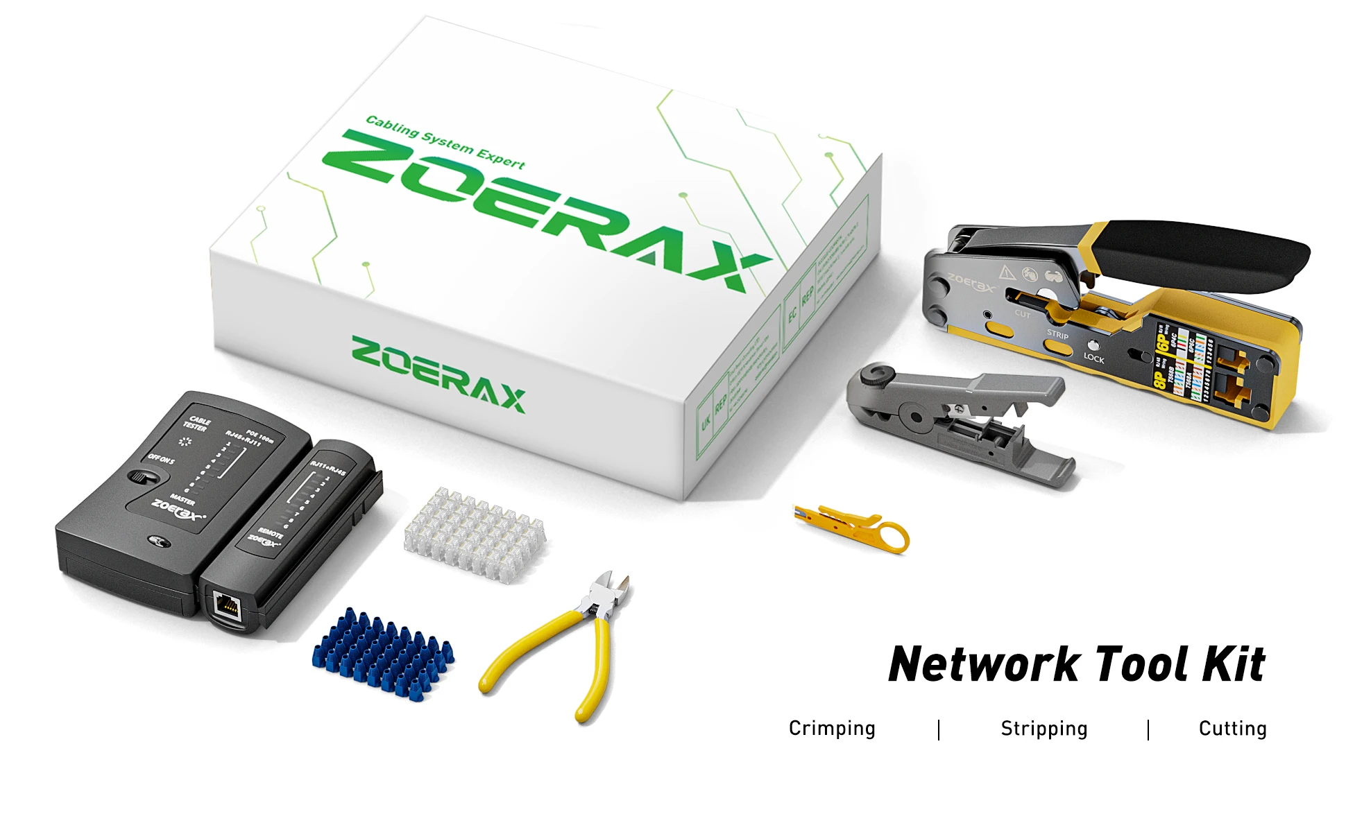 ZoeRax RJ45 CAT6 CAT5E CAT5 Crimp-Werkzeug-Set, Crimp-Werkzeug, Kabeltester, Drahtschneider und Abisolierer, Klinge, 50 Stück Steckverbinder und Stiefel – Detail 1