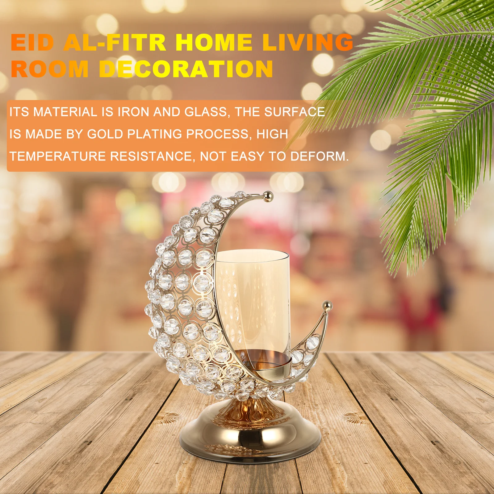 

Creative Moon Shaped Holder Ramadan Iron Glass Tabletop Ornament High Temperature Resistant Festival Birthday Decor