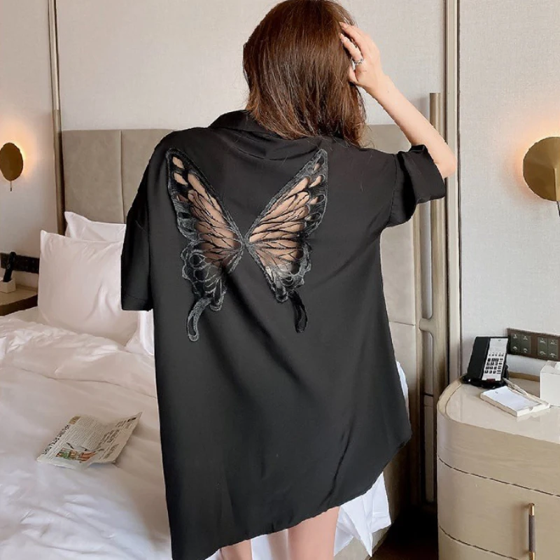 Sexy Butterfly Embroidery Backless Women Shirt NightSkirt French Romantic Classical Style Sleepskirt 2024 New Summer Cool Lounge