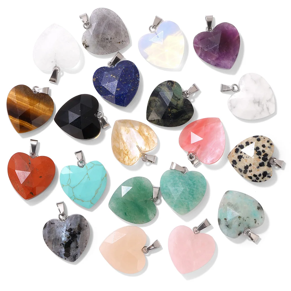 1PC 20mm Faceted Heart Pendant Natural Stone Rose Quartz Crystal Turquoise Tiger Eye Aventurine Jewelry Making Necklace DIY