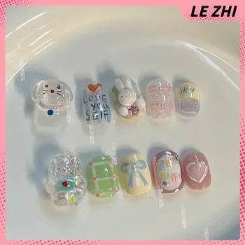 Leuke Grappige Korte Vierkante Draagbare Pers Op Nagels 3d Stereo Cartoon Handgemaakt Afneembare Herbruikbare Volledige Hoes Nagelfeeststickers
