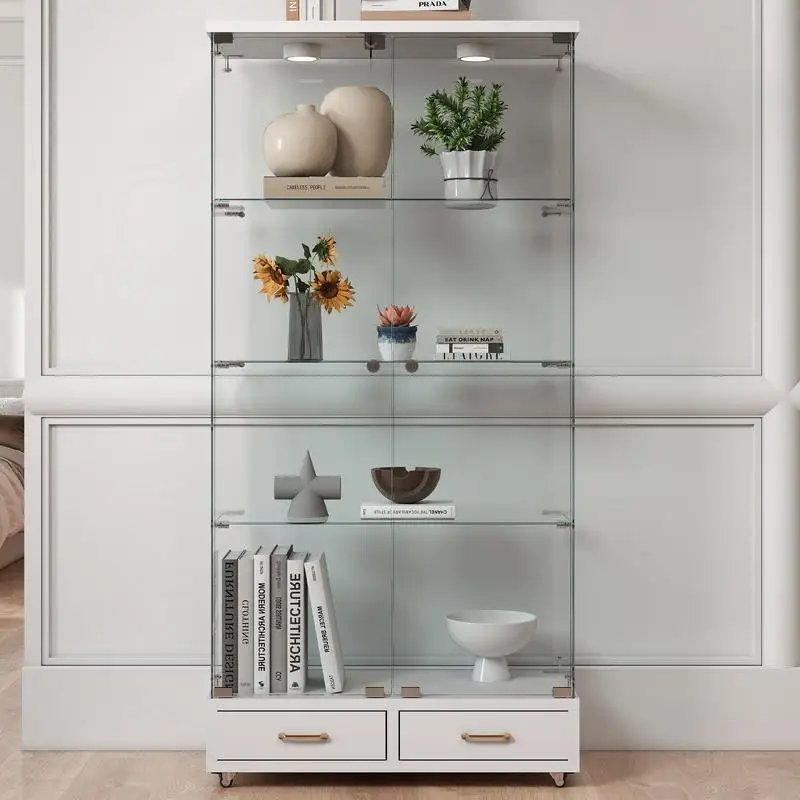 خزانة عرض زجاجية حديثة مع درجين كبيرتين، رف عتيق سهل التجميع مع أضواء LED، رف كتب من الزجاج المقسى، #4