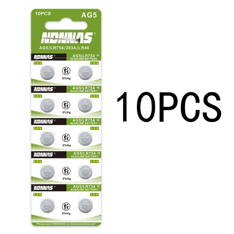 10pcs G5A / LR754 / LR750 / 393 / 384 1.5V Alkaline Coin Battery Replacement for Watches, Thermometers, Key Fobs (Mercury Free)