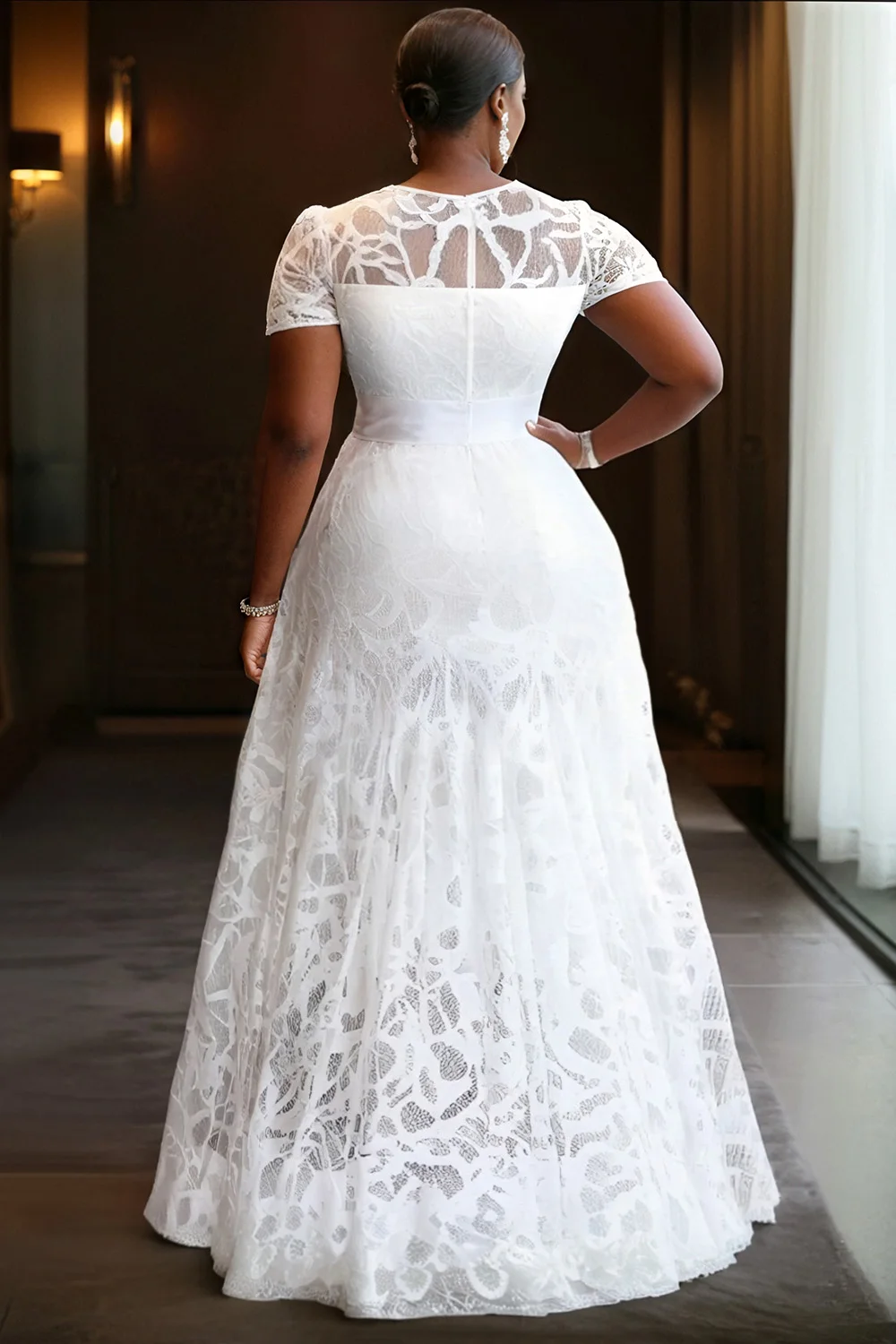 Plus Size Wedding White Round Neck Short Sleeve Elegant Guipure Lace Maxi Dresses