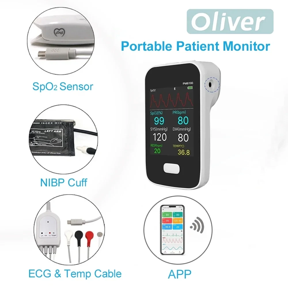 Monitor de Pacientes con Aplicación WiFi, Monitor Portátil para Uso Humano, Monitor de Signos Vitales de Mano, Múltiples Parámetros, 6 PARÁMETROS