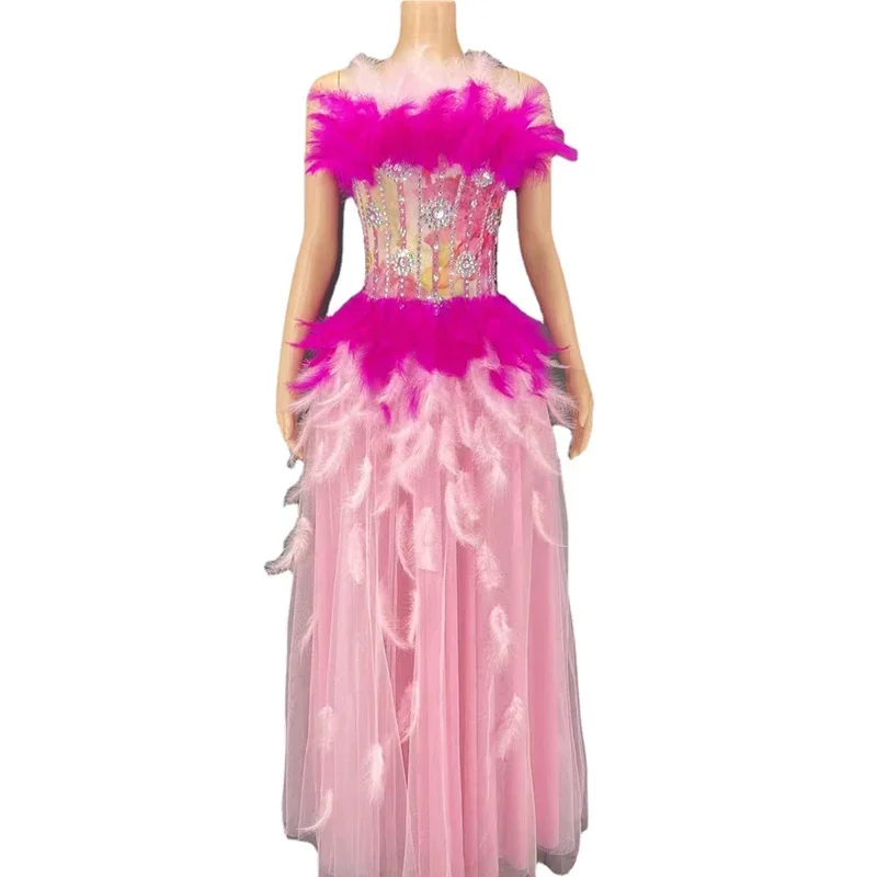 Shiny Rhinestones Mesh Body Sculpting Waist Dress Sexy Pink Feather Evening Dress Women Birthday Celebrate Costumes XS4185