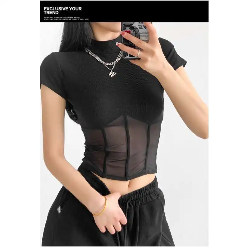 Black Mesh Patchwork Waistband Bottom Shirt European American Style Spicy Top Half High Neck Slim Fit Short Sleeved T-shirt Y2k