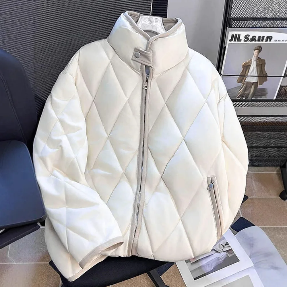 

2025 Winter Men Coat High Street Thicken Warm Stand Collar Male Outerwear Solid Color Plaid Long Sleeve Casual Man Down Jacket