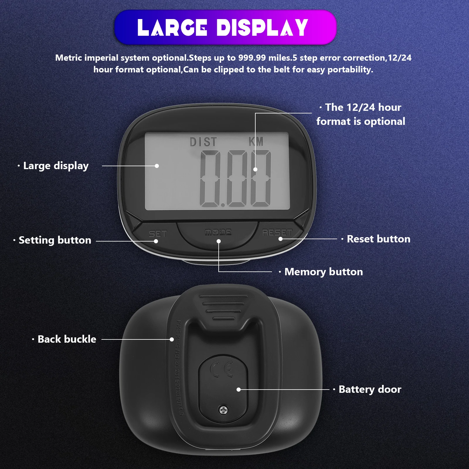 

1 Set Large Screen Pedometer For Walking With Clip Portable Tracker Steps Miles Exercise Time