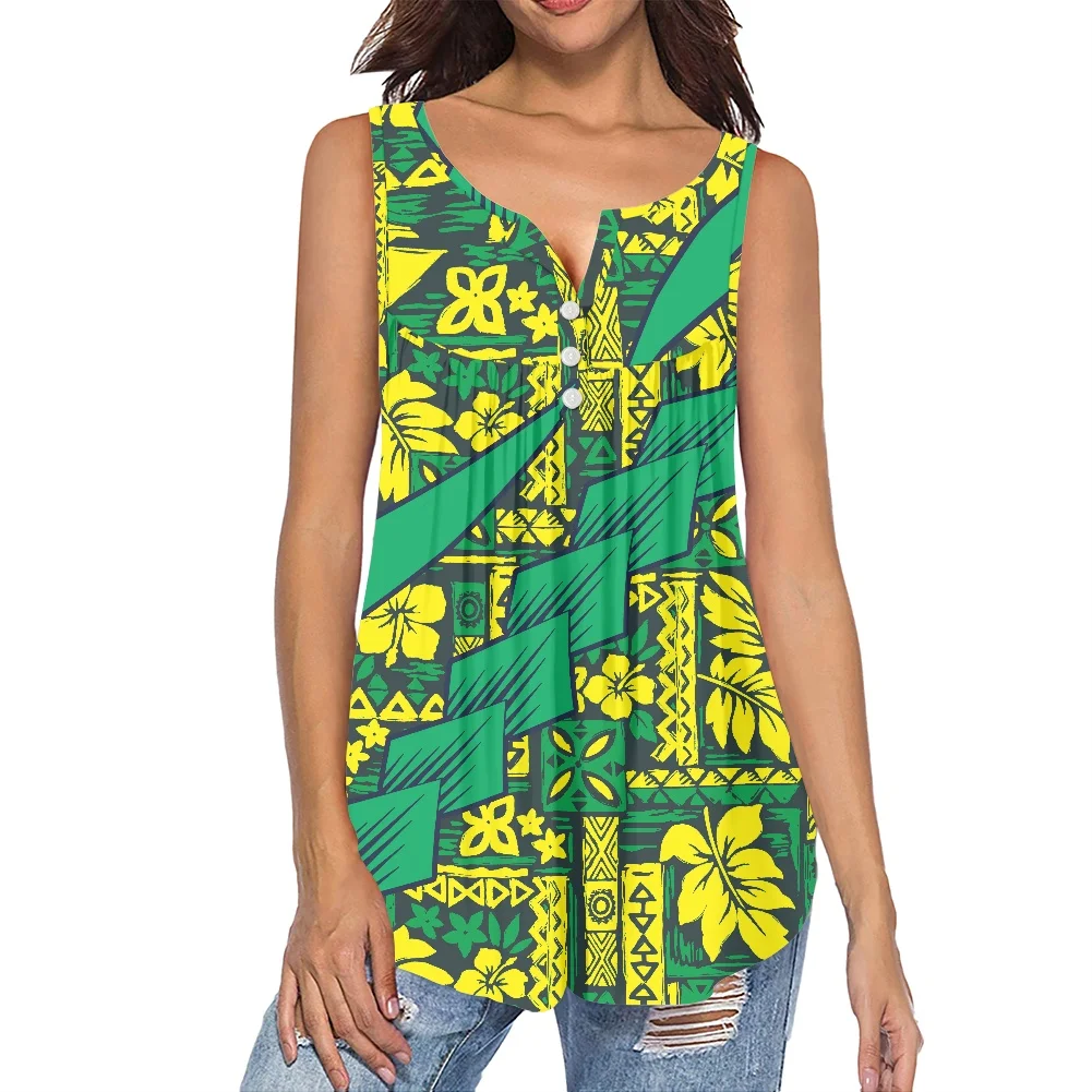 Crew Neck Sleeveless Lengthen Shirts Polynesia Tribe Print Flannel Shirts Summer Women Plus Size T-Shirts Casual Fashion Style