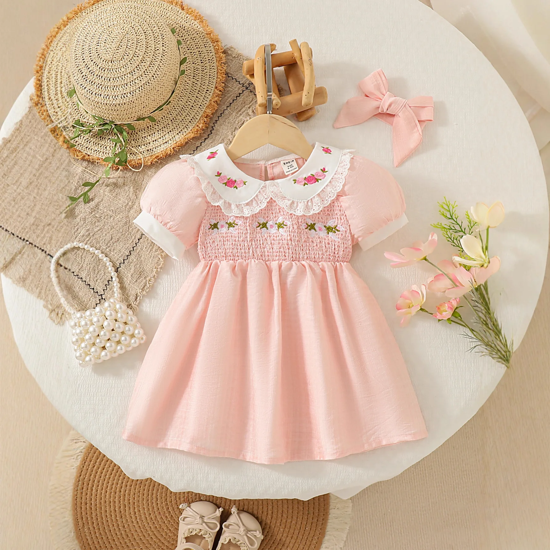 Baby Girl Summer New Style Bubble Sleeve Embroidered Color Blocked Sweet Girl Dress