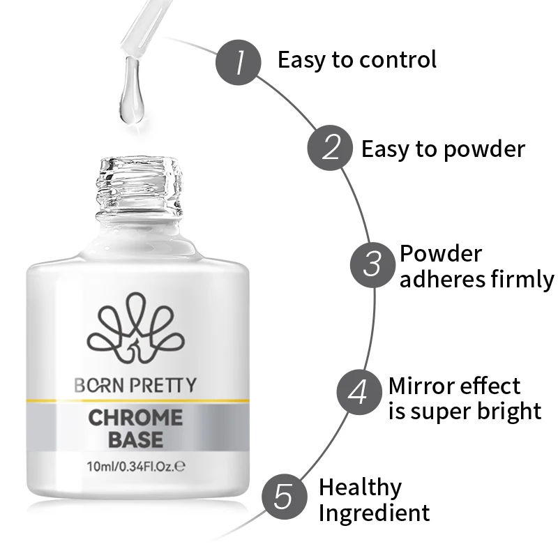 BORN PRETTY 10ml Chrome Base No Wipe UV LED Nail Gel for Metallic Mirror Powder Nail Art Salon DIY Manicure Supplies 1/2 pcs