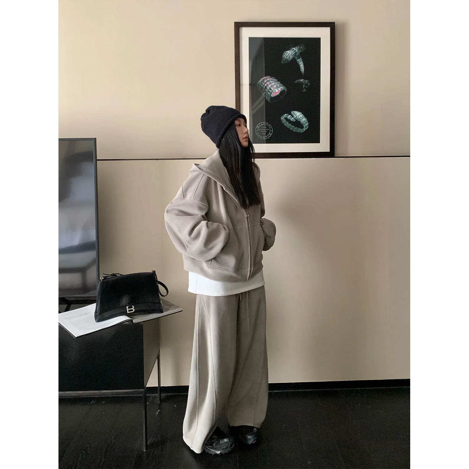 Korean Fashion Street Sportswear Set Women Autumn Winter Loose Hoodie Casual Zip Up Hoodies and Pants Two Piece Y2k Streetwear