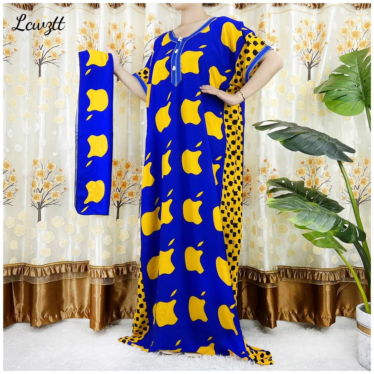 2024 New Style Short Sleeve 2Pieces African Dashiki Floral Printing Loose Cotton Caftan Lady Summer Maxi Casual Dresses Vestidos