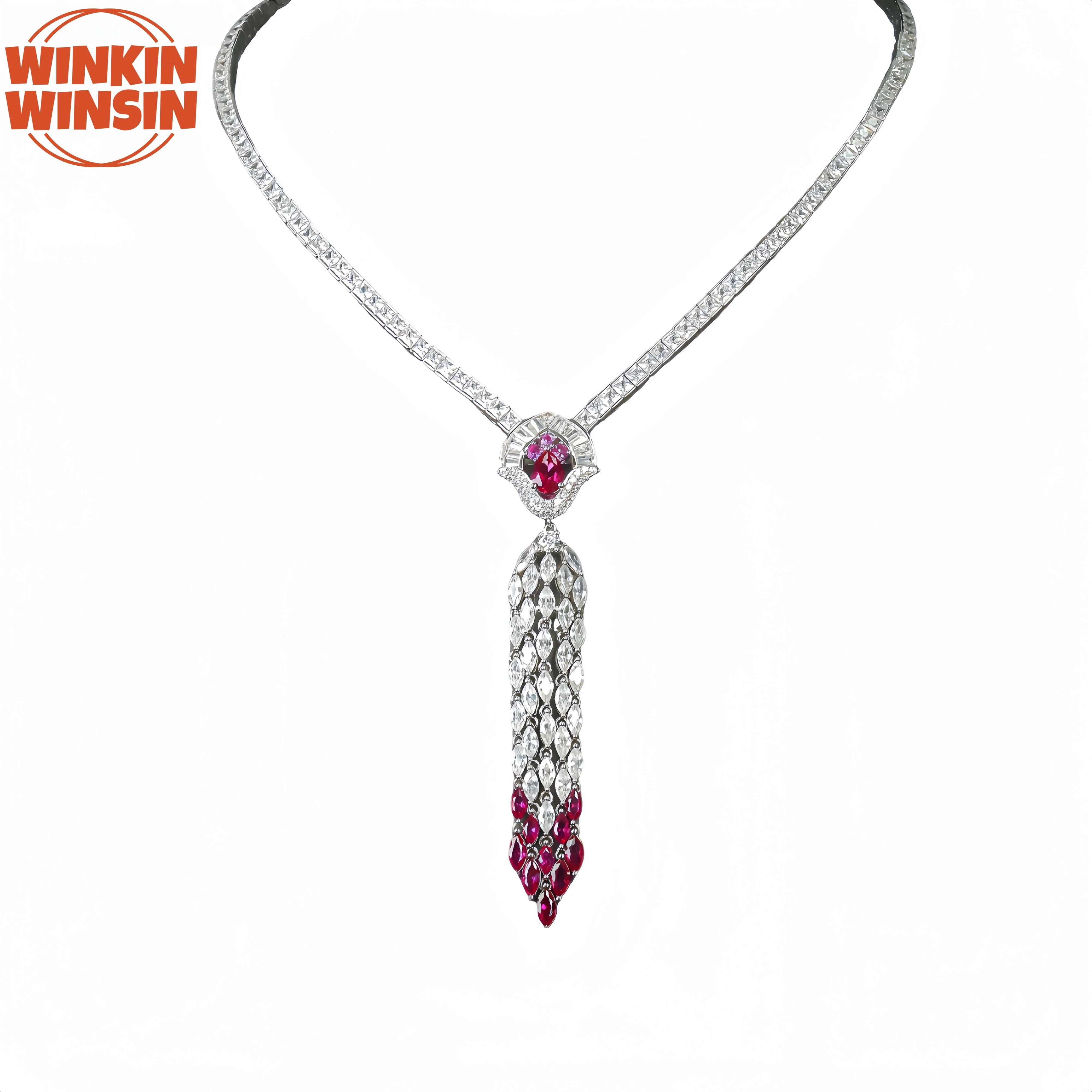 

Winkin Winsin Brand 925 Sterling Silver Woman Necklace Gold Plated High Carbon Diamond Pigeon Blood Red Luxury Jewelry Necklace