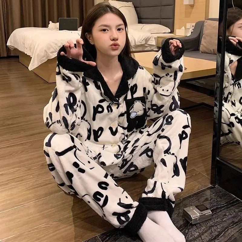 Snoopy Anime Coral Velvet Pajamas Girl Winter Velvet Thickened Cartoon Flannel Warm Loungewear Set Christmas Birthday Gift