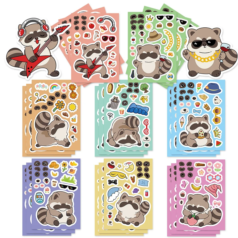 8PCS Cute Cartoon Raccoon Collage Fun Puzzle Stickers DIY Puzzle Account Manual Decoration Mobile Tablet Decoration Stickers