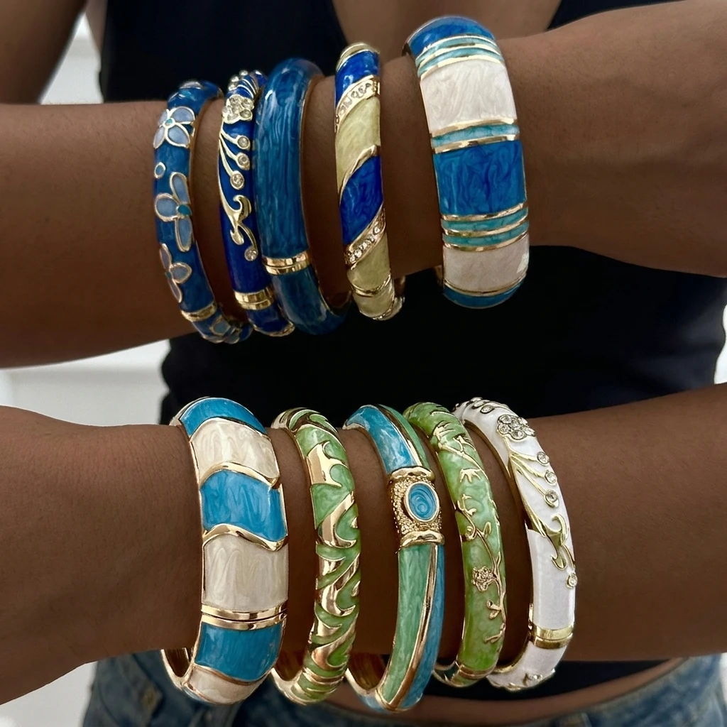 Retro Light Blue Enamel Wide Face Bracelet for Women Elegant Colorful Floral Design Multi-Layer Stacking Party Jewelry Gift