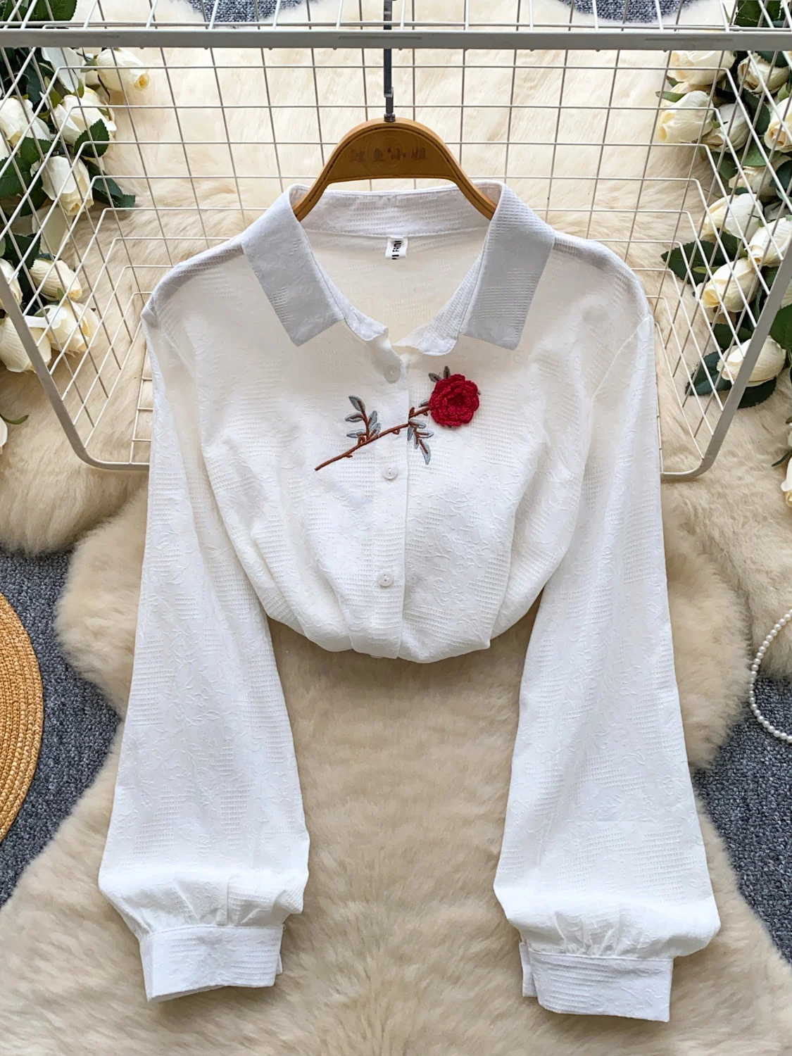 قميص بولو نسائي فاخر مطرز بالورود بأكمام طويلة، قميص فضفاض غير رسمي بطبقة أساسية، نمط كوري، مصنوع من ألياف البوليستر، قابل لل... #3