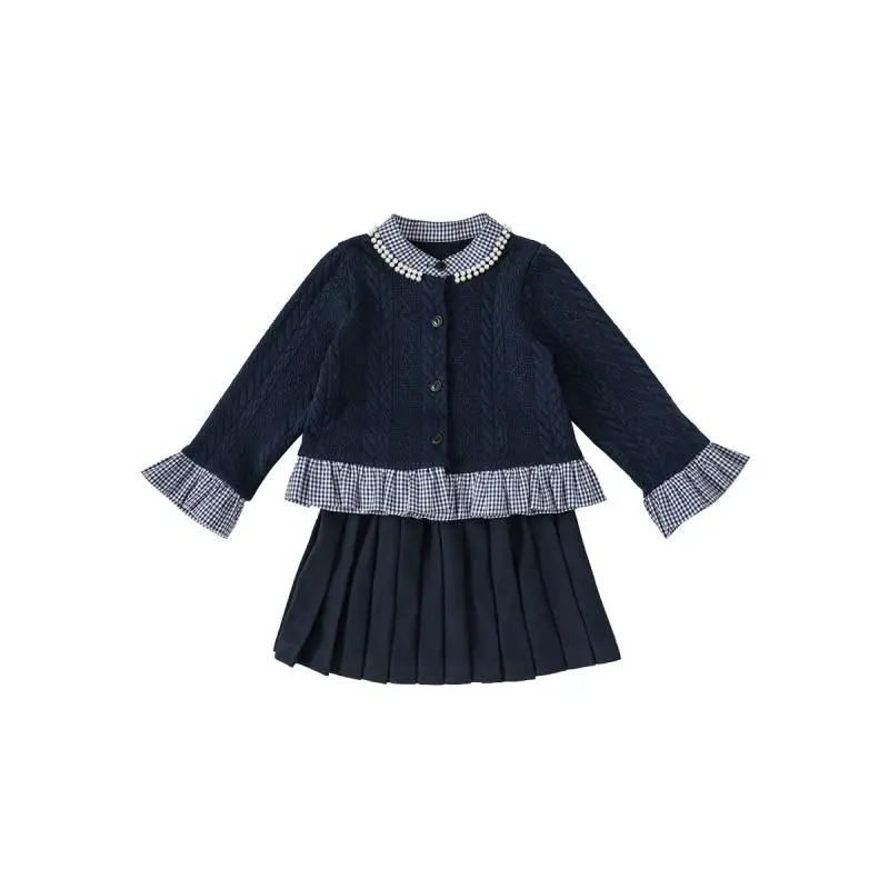 2024 Children Clothes Spring  Autumn Baby Girls Two Piece Set Patchwork Long Sleeve Knitted Cardigan Solid Fashion Pleated Skirt