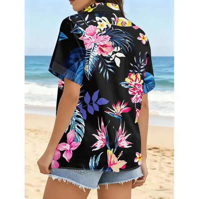 Women's Casual Short Sleeve Shirt Black Base Colorful Tropical Floral Leaf Pattern Button Up Top Machine Washable