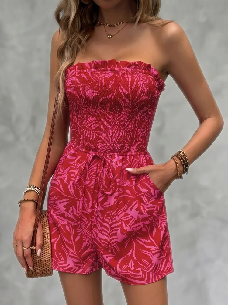 Lemongor Women's Summer Leaves Printed Strapless Tube Rompers 2026 New Sleeveless Casual Going Out Vacation Short Jumpsuit